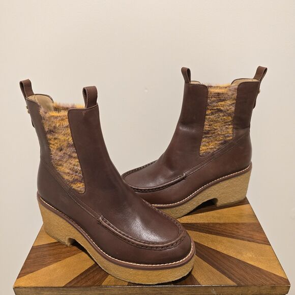 Coach Delaney Chelsea Boots Brown Leather Size 10 Chunky Lug Platform Sole Boho - Picture 1 of 16